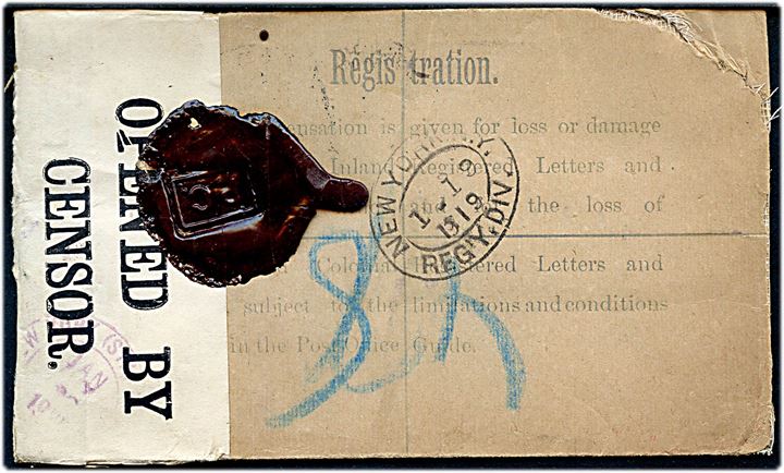 2d+1½d George V anbefalet helsagskuvert opfrankeret med ½d George V (2) med perfin H fra firma C. J. Hambro & Son i London d. ?.1.1919 til New York, USA Åbnet af britisk censur no. 6249 med laksegl P.C. (Postal Censor).