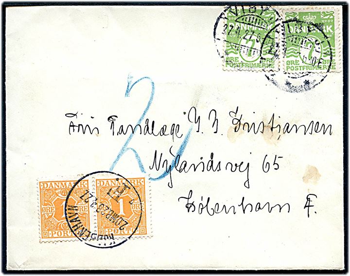 7 øre Bølgelinie (2) på underfrankeret brev fra Viby J. d. 27.4.1927 til København. Udtakseret i porto med 1 øre Portomærke i parstykke stemplet Kjøbenhavn F. d. 28.4.1927.