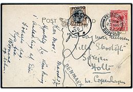 1d George V på underfrankeret brevkort fra Felixstove d. 23.3.1922 til Holte, Danmark. Udtakseret i porto med 25 øre Chr. X Porto-provisorium annulleret med brotype IIIb Holte d. 27.3.1922. Hj. knæk.