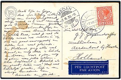 7½ c. på luftpost brevkort (Rotterdam Lloyd M/S Indrapoera) annulleret med skibsstempel Postagent Rotterdam - Batavia 1 d. 7.8.1939 og sidestemplet Medan d. 7.8.1939 til Haarlem, Holland.