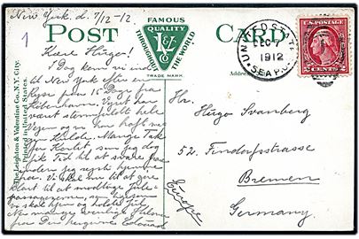 2 cents Washington på brevkort (New York Brandvæsen) dateret New York og annulleret med skibsstempel United States * Sea Post * / 1 d. 7.12.1912 til Bremen, Tyskland. Stemplet benyttet ombord på American Lines dampskibst S/S New York