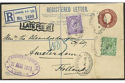 3d George V anbefalet helsagskuvert opfrankeret med ½d og 3d George V fra London d. 11.8.1913 til Amsterdam, Holland.