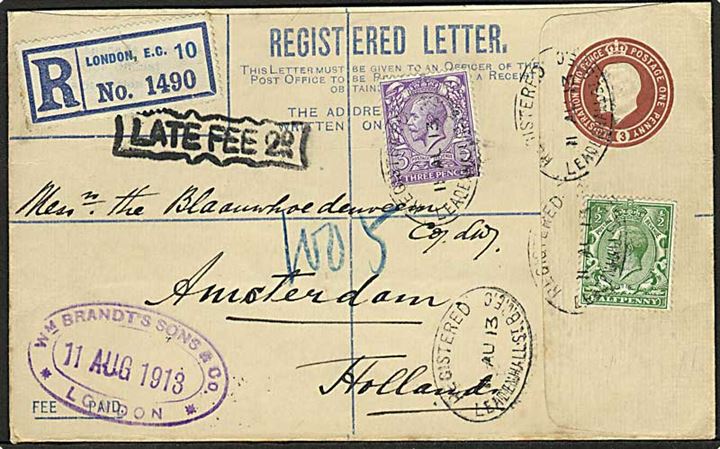 3d George V anbefalet helsagskuvert opfrankeret med ½d og 3d George V fra London d. 11.8.1913 til Amsterdam, Holland.