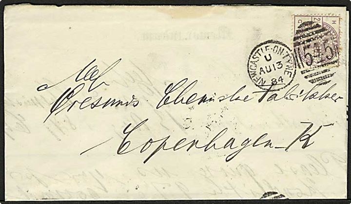 2½d Victoria med perfin B C & Co fra Borriers, Craig & Co. i Newcastle d. 13.8.1884 til København, Danmark.