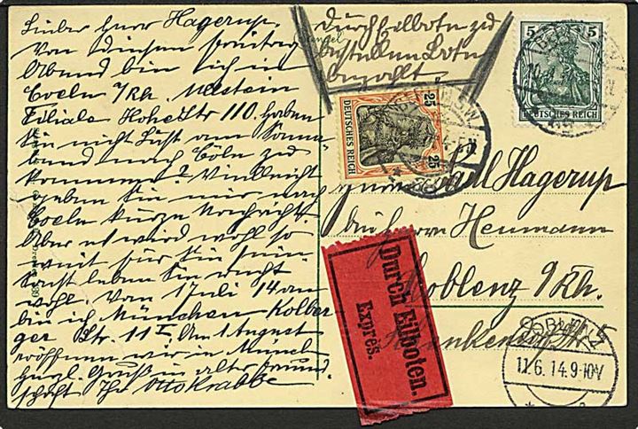5 pfg. og 25 pfg. Germania på ekspres brevkort fra Berlin d. 10.6.1914 til Coblenz.