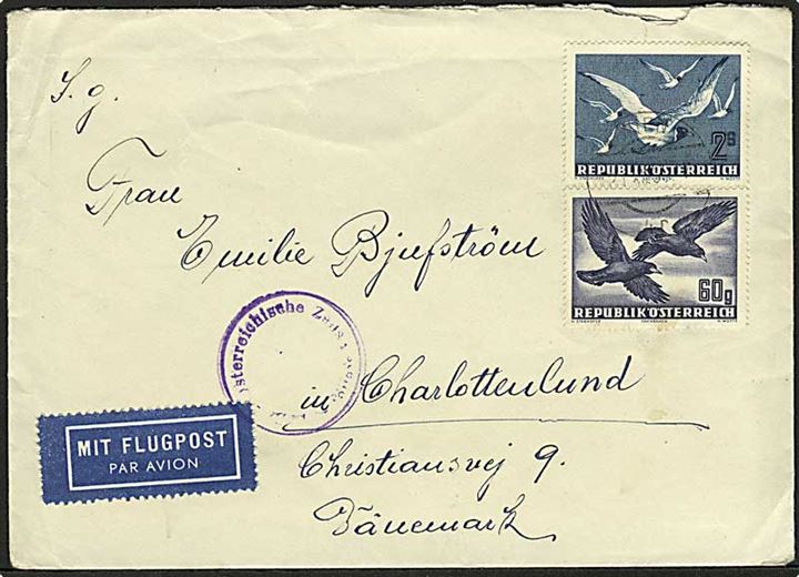 60 g. og 2 s. Fugle på luftpostbrev fra Wien d. 21.12.1950 til Charlottenlund, Danmark. Østrigsk efterkrigscensur.