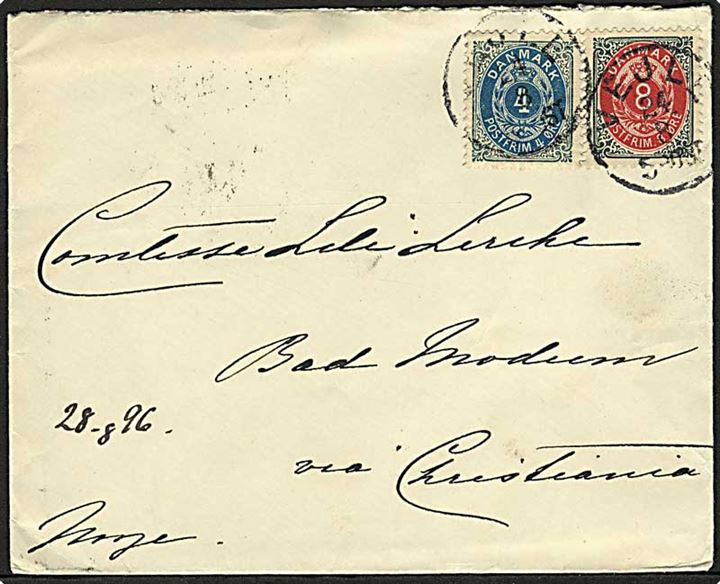 4 øre og 8 øre Tofarvet omv. ramme på 12 øre frankeret brev fra Vejle d. 27.8.1896 til Bad Modum via Christiania, Norge.