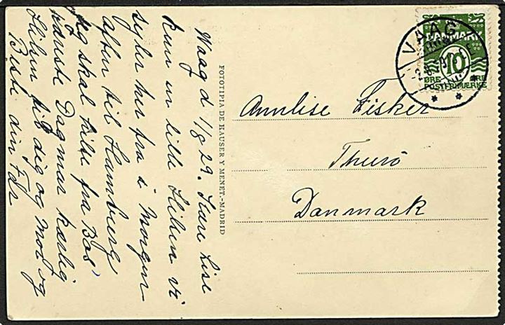 10 øre Bølgelinie på brevkort (Dampskib i Cadiz, Spanien) annulleret med brotype Ia stempel Vaag d. 2.8.1929 til Thurø, Danmark.