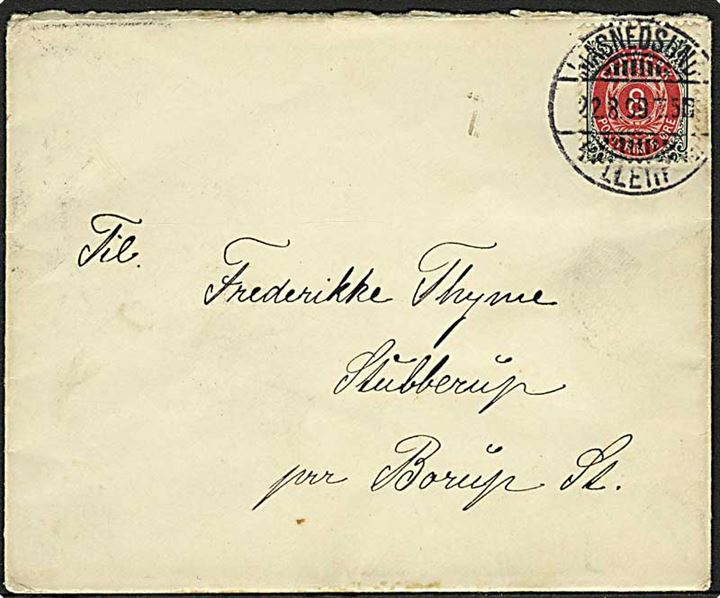 8 øre Tofarvet på brev annulleret med bureaustempel Masnedsund - Kallehave T.5 d. 22.8.1899 til Borup.