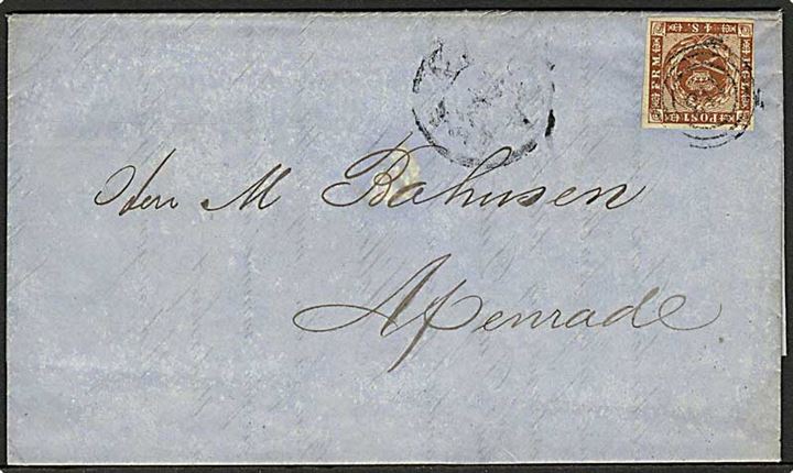 4 sk. 1858 udg. på brev dateret Manchester d. 10.4.1863, annulleret med nr.stempel 113 med svagt sidestempel fra Altona til Apenrade.