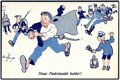 Naar Fædrelandet kalder!, tegnet af Aage Lund. A. Vincent u/no.