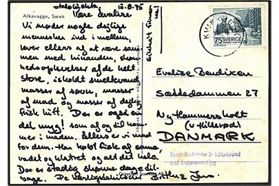 75 öre på brevkort stemplet Kvikkjokkd. 15.8.1975 til Hillerød, Danmark. Violet 2-liniestempel: Denna försändelse är luftbefordrad med Lapplandsflyg.