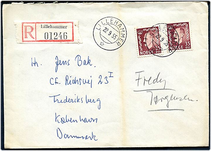 35 øre Haakon i parstykke på anbefalet brev fra Lillehammer d. 22.9.1955 til København, Danmark. 