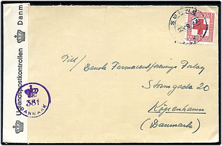 20 öre Røde Kors på brev fra Sunne d. 26.9.1945 til København, Danmark. Åbnet af dansk efterkrigscensur (krone)/381/Danmark.
