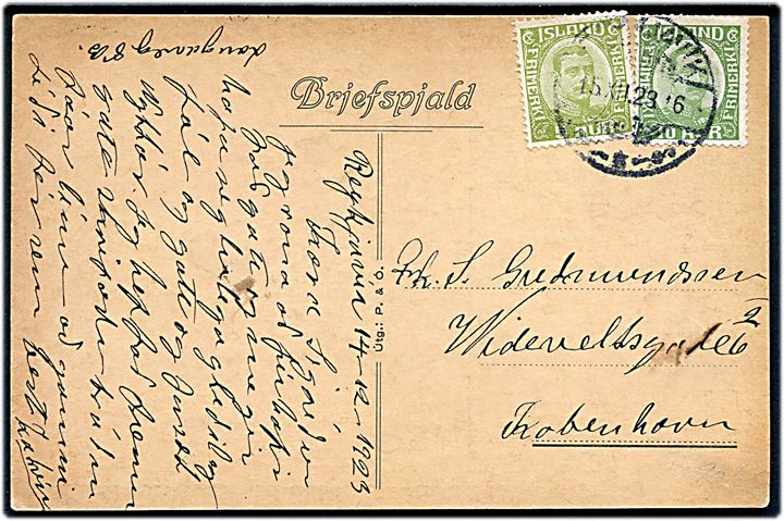 5 aur og 10 aur Chr. X på brevkort fra Reykjavik d. 15.12.1923 til København, Danmark.