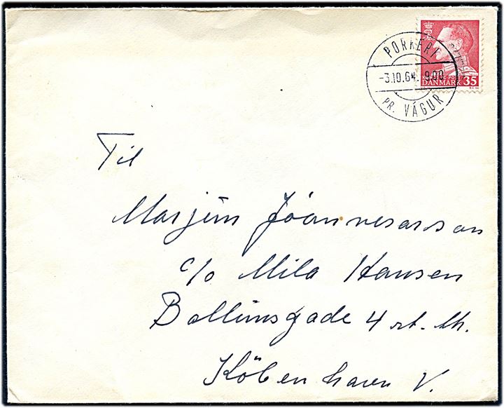 35 øre Fr. IX på brev annulleret med pr.-stempel Porkeri pr. Vágur d. 3.10.1964 til København.