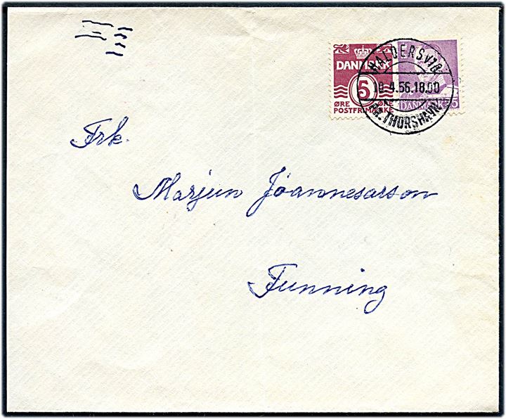 5 øre Bølgelinie og 25 øre Fr. IX på brev annulleret med pr.-stempel Haldersvig pr. Thorshavn d. 10.4.1956 til Funning. Let afkortet i venstre side.
