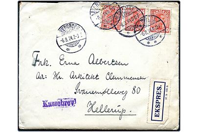 10 øre Chr. X (3) på 30 øre frankeret ekspresbrev fra Marstal d. 6.8.1914 via Svendborg d. 6.8.1914 til Hellerup. Violet liniestempel: Kassebrev. Lidt nusset.