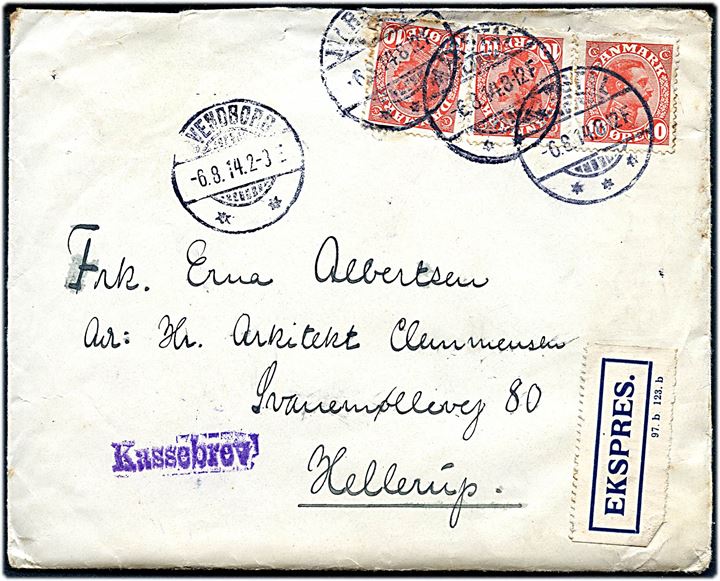 10 øre Chr. X (3) på 30 øre frankeret ekspresbrev fra Marstal d. 6.8.1914 via Svendborg d. 6.8.1914 til Hellerup. Violet liniestempel: Kassebrev. Lidt nusset.