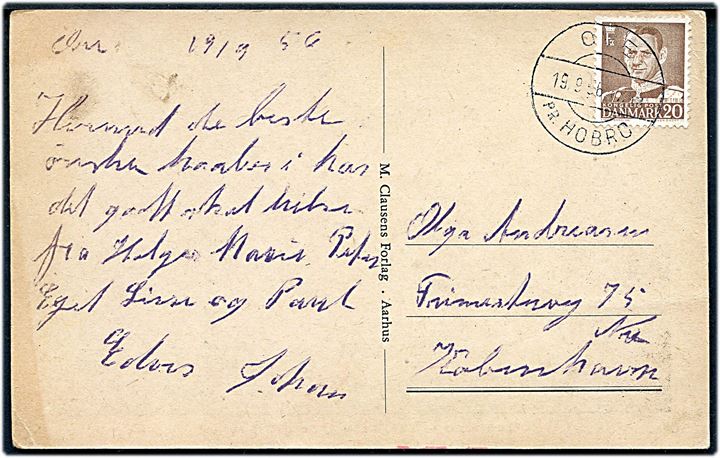 20 øre Fr. IX på brevkort (Oue Kro) annulleret med pr.-stempel Ove pr. Hobro d. 19.9.1956 til København.