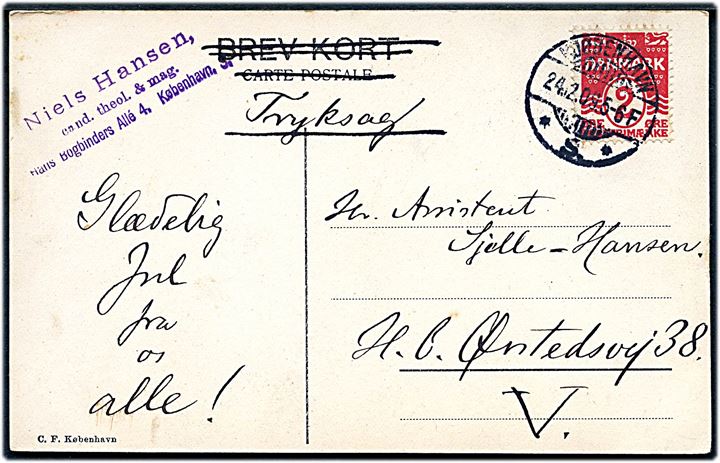 2 øre Bølgelinie på lokalt tryksags-kort i Kjøbenhavn d. 24.12.1909.