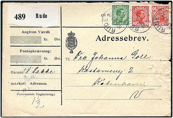 5 øre og 10 øre (2) Chr. X på adressebrev for pakke annulleret med brotype IIIb Rude d. 15.6.1918 til København. Nusset i højre side.