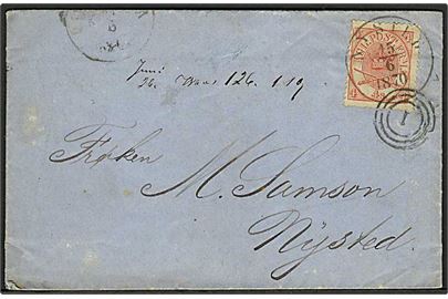 4 sk. Krone/Scepter på brev fra København annulleret med nr.stempel 1 til Nysted. Mærket tillige annulleret med ank.stempel Nysted d. 15.6.1870.