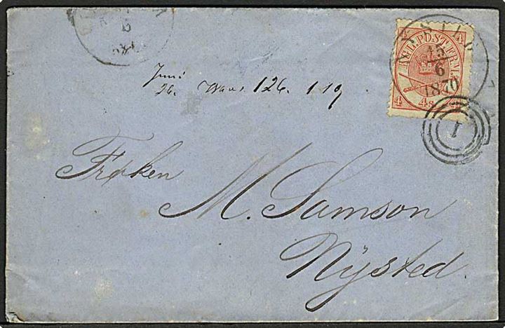 4 sk. Krone/Scepter på brev fra København annulleret med nr.stempel 1 til Nysted. Mærket tillige annulleret med ank.stempel Nysted d. 15.6.1870.