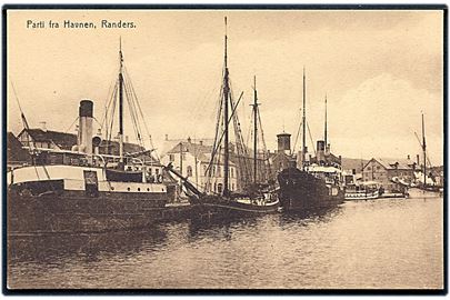 Randers, havnen med både dampskibe og sejlskib. P. H. u/no.