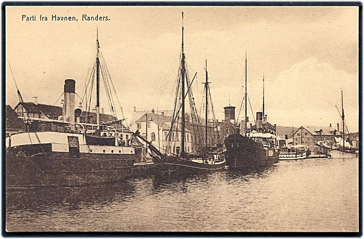 Randers, havnen med både dampskibe og sejlskib. P. H. u/no.