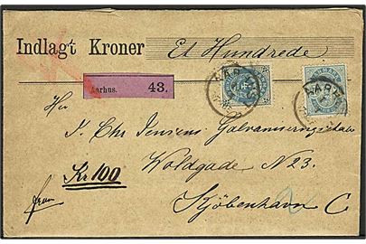 4 øre Tofarvet og 20 øre Våben på værdibrev annulleret med lapidar stempel Aarhus d. 14.1.1890 til Kjøbenhavn.