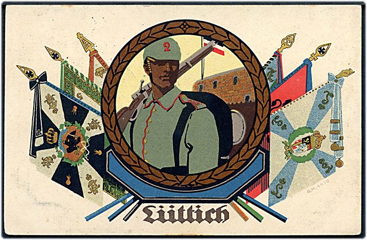 Lüttich, tysk patriotisk kort fra 1. verdenskrig. Anvendt som feltpost i 1915.