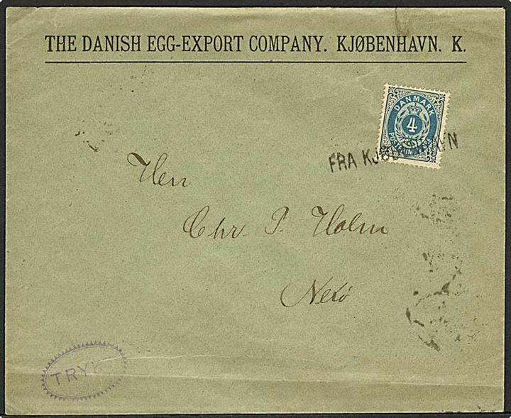 4 øre Tofarvet single på tryksag fra sendt fra København annulleret med skibsstempel Fra Kjøbenhavn via Rønne ca. 1895 til Neksø, Bornholm.