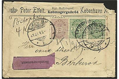5 øre (par) og 15 øre Våben på lille brev med opkrævning fra KJøbenhavn d. 21.3.1904 til Birkerød. Kuvert slidt pga. tykt indhold - antagelig kabinet-foto.