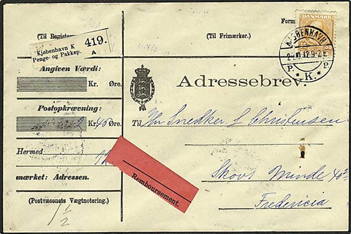 35 øre Fr. VIII single på adressebrev for pakke med opkrævning fra Kjøbenhavn d. 24.10.1912 til Fredericia.