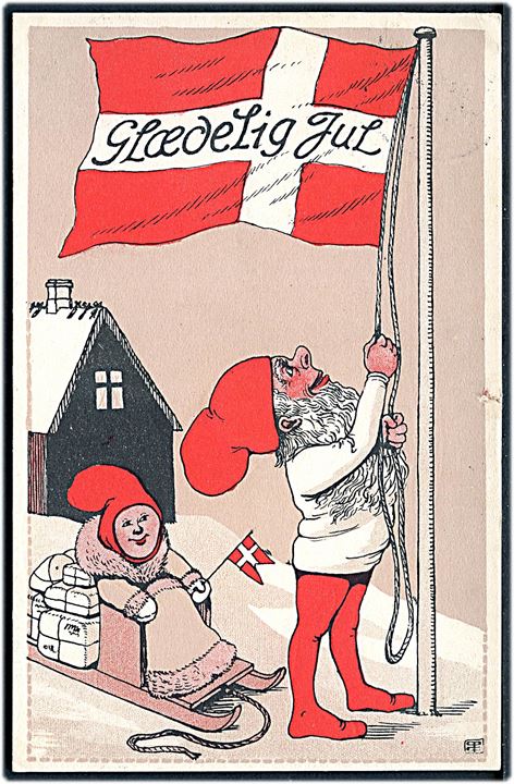 Peder Gadsbøll: Glædelig Jul. Nisse hejser flaget. U/no. (Lille hak i højre side). 