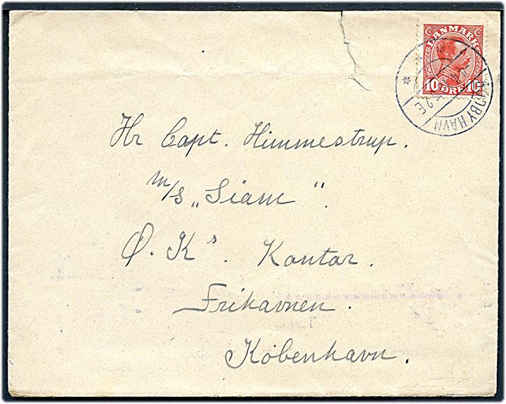 10 øre Chr. X på brev annulleret med brotype IIa Rødby Havn d. 4.4.1919 til Capt. Himmelstrup, M/S Siam, Ø.K. Kontor, Frihavnen, København. Rift i overkant.