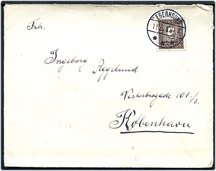 20 øre Chr. X Postjubilæum på brev annulleret med brotype IVb Egernsund sn1 d. 11.7.1925 til København.