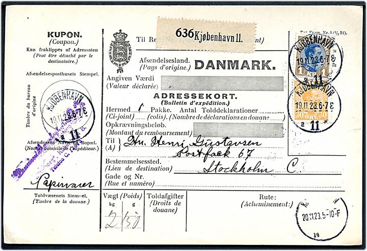 30 øre og 1 kr. Chr. X på internationalt adressekort for pakke fra Kjøbenhavn d. 19-11-1923 til Stockholm, Sverige.