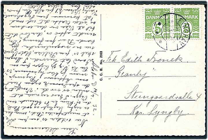 5 øre Bølgelinie i parstykke på brevkort annulleret med brotype IIb Fynshav d. 20.7.1932 til Lyngby.