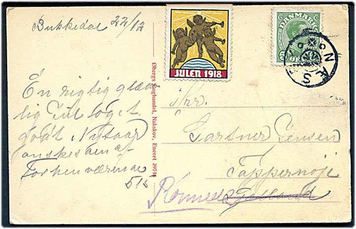 5 øre Chr. X og Julemærke 1918 på julekort dateret Bukkedal d. 22.12. annulleret med stjernestempel NÆSBY til Tappernøje - ændret til Rønnede.