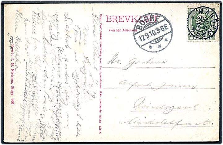 5 øre Fr. VIII på brevkort annulleret med stjernestempel MANDEMARK og sidestemplet Borre d. 12.9.1910 til Middelfart.