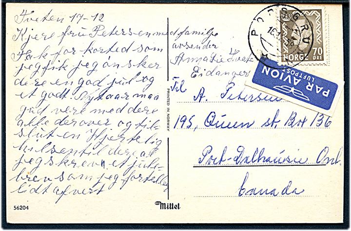 70 øre Haakon single på luftpost brevkort fra Porsgrund d. 16.12.1958 til Canada.