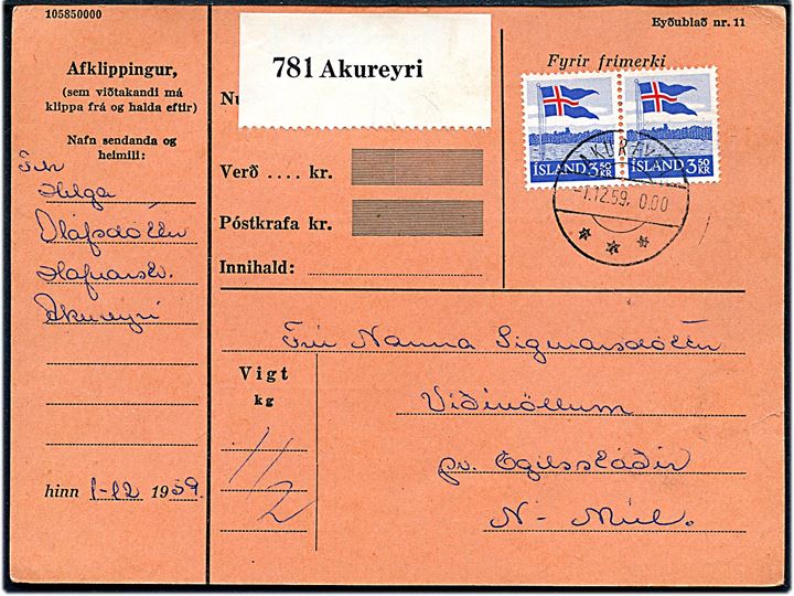 3,50 kr. Islandske Flag i parstykke på indenrigs adressekort for pakke fra Akureyri d. 1.12.1959 til Egilstadir.