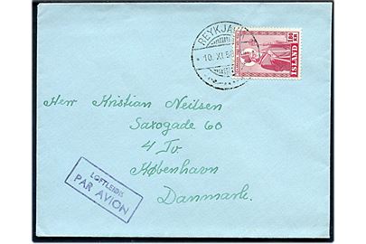 1,80 kr. Jon Arason single på luftpostbrev fra Reykjavik d. 10.11.1950 til København, Danmark.