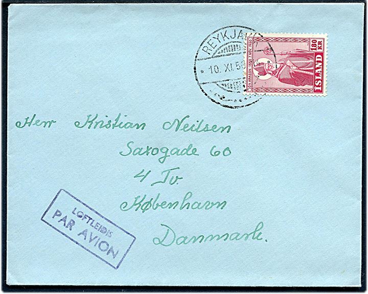 1,80 kr. Jon Arason single på luftpostbrev fra Reykjavik d. 10.11.1950 til København, Danmark.