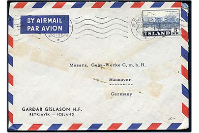 3 kr. Eiriksjökull single på luftpostbrev fra Reykjavik d. 20.11.1957 til Hannover, Tyskland.