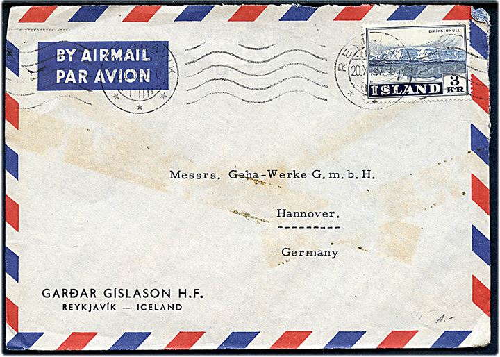 3 kr. Eiriksjökull single på luftpostbrev fra Reykjavik d. 20.11.1957 til Hannover, Tyskland.