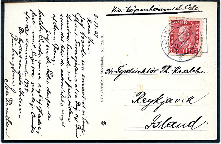 15 öre Gustaf på brevkort fra Lidingö d. 12.12.1927 til Reykjavik, Island. Påskrevet: Via Köpenhamn el. Oslo.