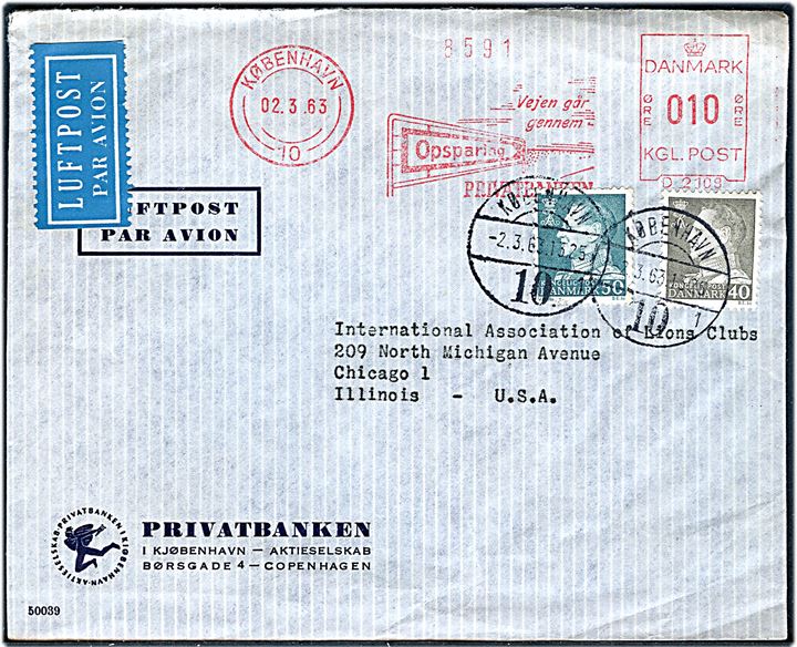10 øre firmafranko fra Privatbanken på luftpostbrev opfrankeret med 40 øre og 50 øre Fr. IX stemplet København d. 2.3.1963 til Chicago, USA.